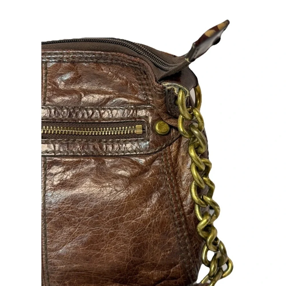 Fossil Leather Crossbody Bag Brown Distressed Chain Strap Small Vintage